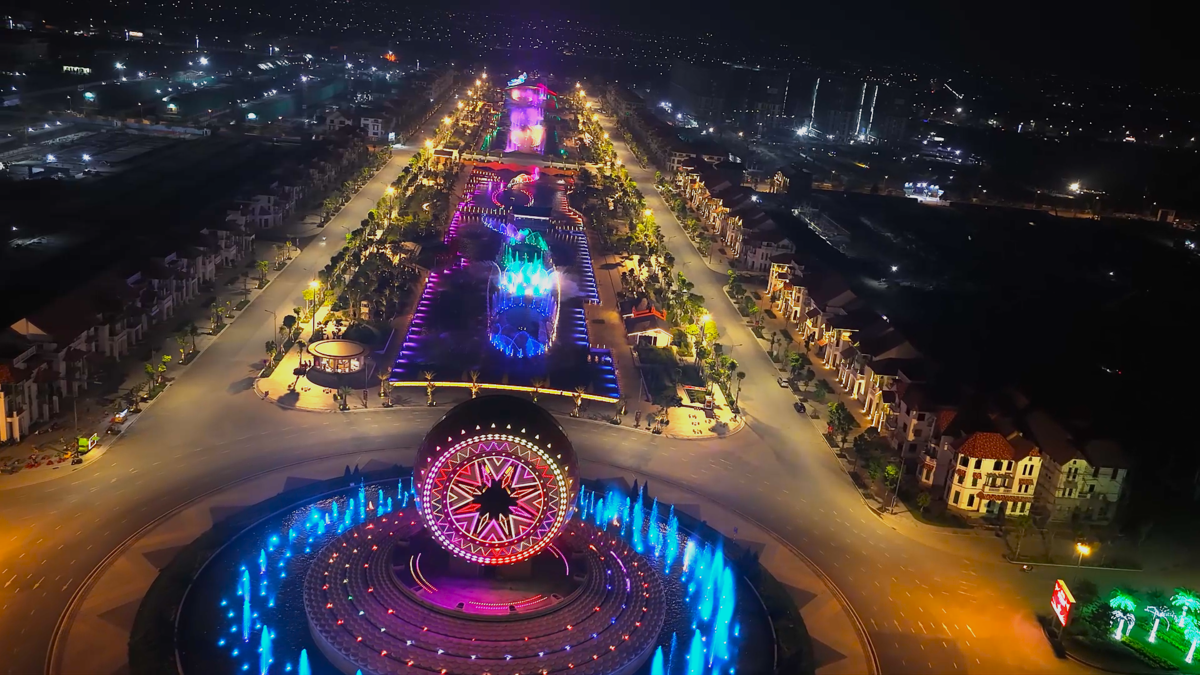 Hệ thống nhạc nước Sun Urban City Hà Nam do NPT thiết kế thi công với các cụm phun bố trí trên tuyến không gian lớn